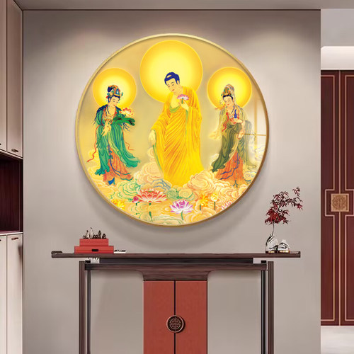 圆形框西方三圣画像阿弥陀佛站像挂画接引图观世音大势至菩萨佛像