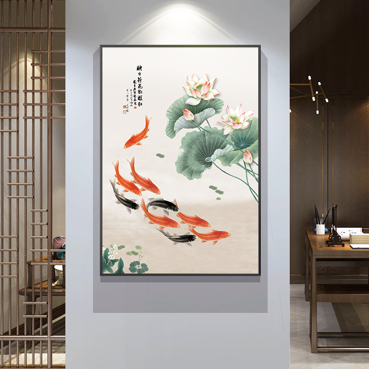 新中式客厅餐厅墙壁画玄关过道竖款挂画连年有余九鱼图墙画装饰画图片