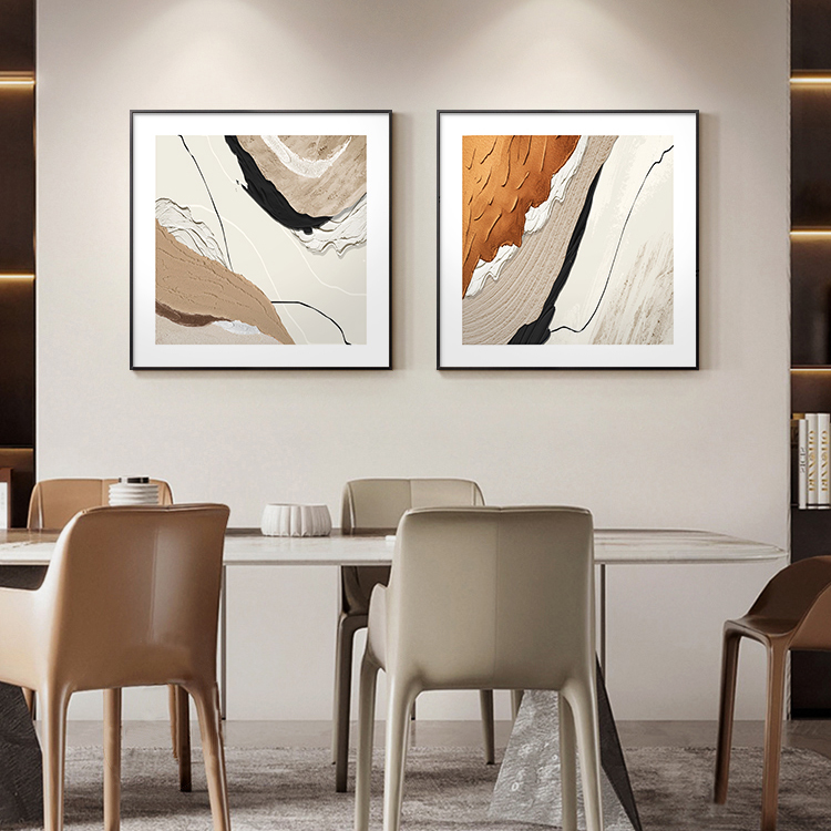 现代简约沙发背景墙壁画侘寂风方形餐厅装饰画抽象肌理感客厅挂画图片