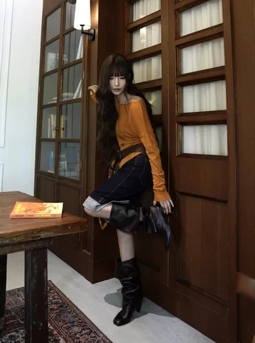 LQ LIMCIAO深蓝色高腰牛仔复古卷边拼接中裙修身显瘦通勤百搭短裙