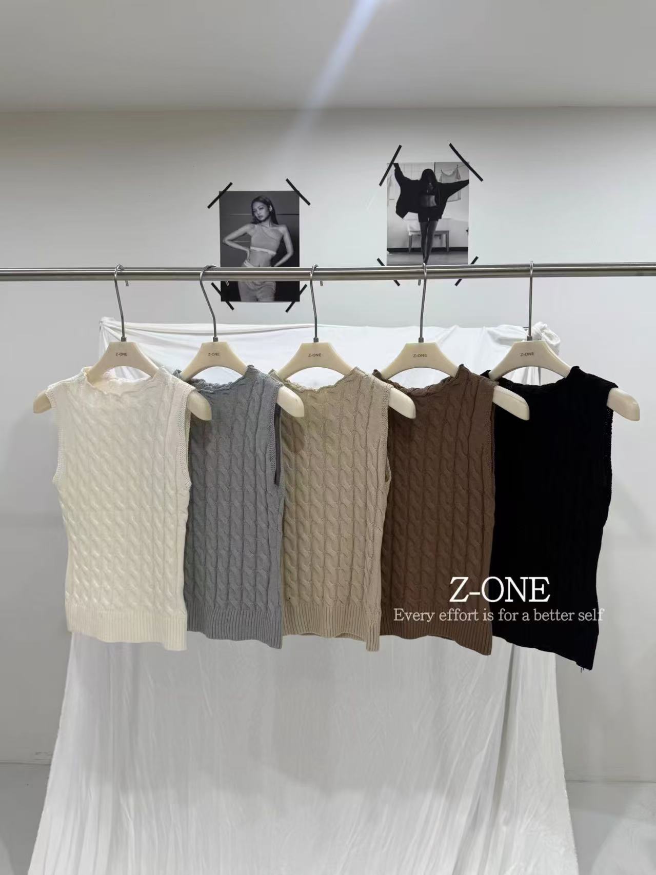 Z‑ONE麻花纹针织马甲女木耳边圆领修身显瘦百搭纯色韩系简约上衣