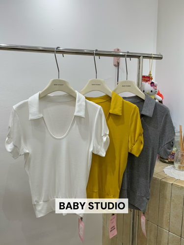 Baby studio十三行正版针织短袖t恤女宽松休闲显瘦上衣夏外搭翻领