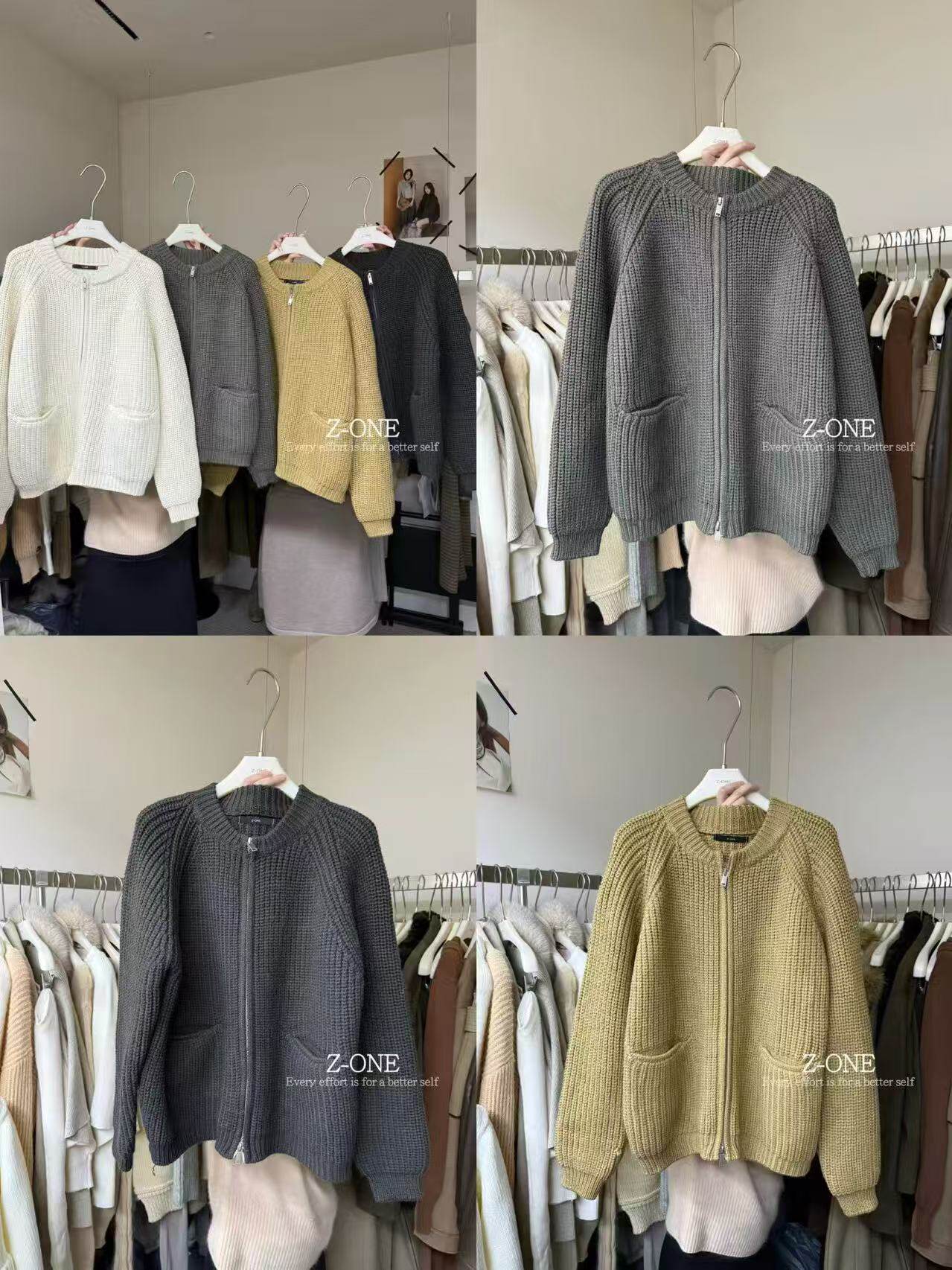 Z-ONE韩系粗针拉链针织开衫女宽松插肩口袋软糯毛衣外套秋冬