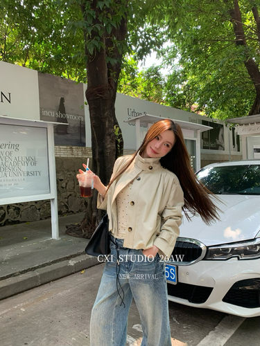 CXI正版韩系设计感立领百搭花苞短款夹克短外套女小众设计感开衫