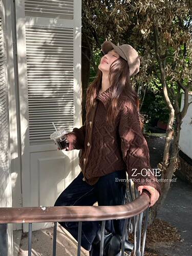 Z-ONE粗针绞花牛角扣针织开衫女立领复古软糯慵懒气质通勤上衣爆
