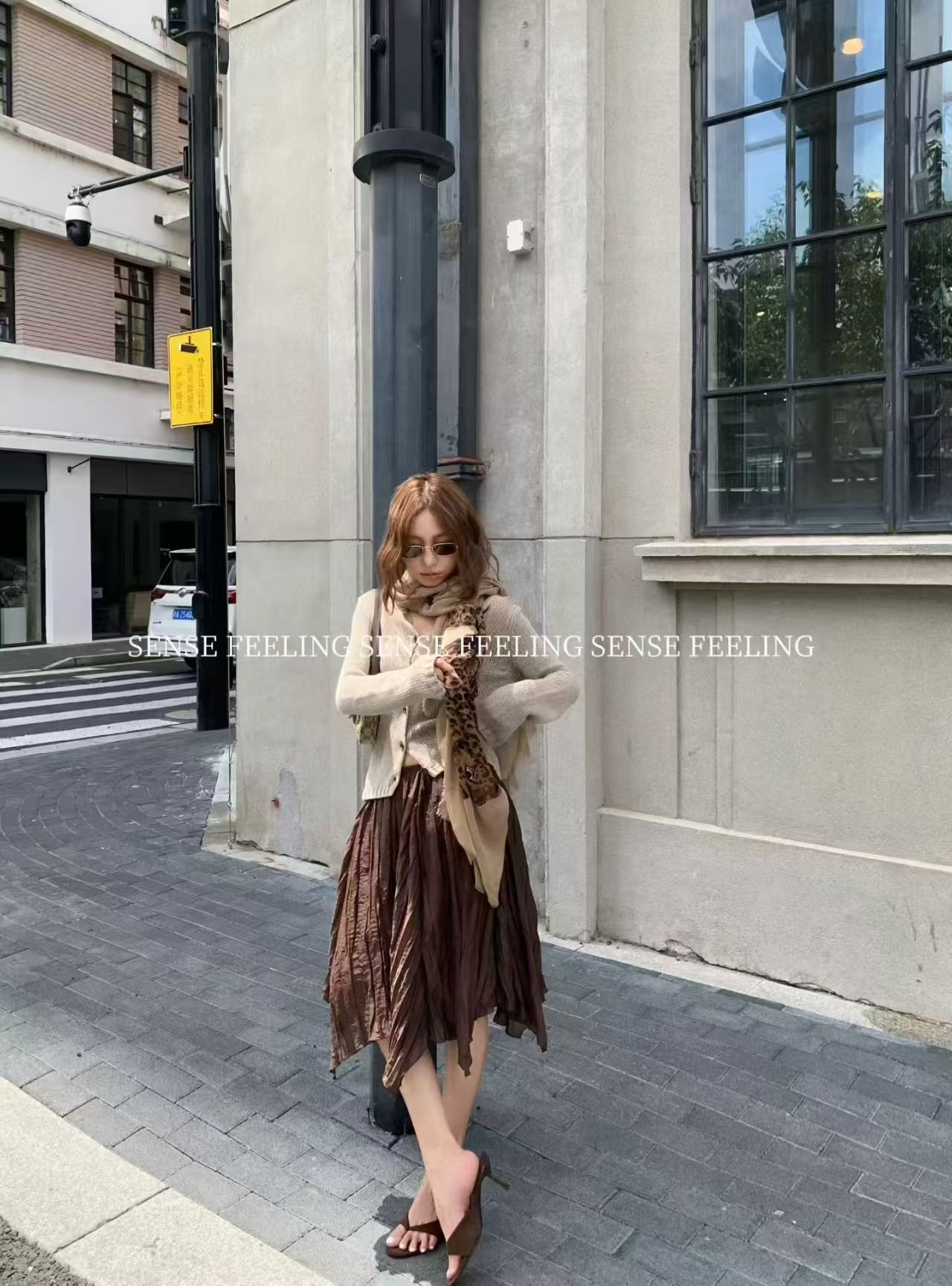 SENSE FEELING复古咖色褶皱慵懒氛围感百褶法式显瘦气质百搭裙子图片