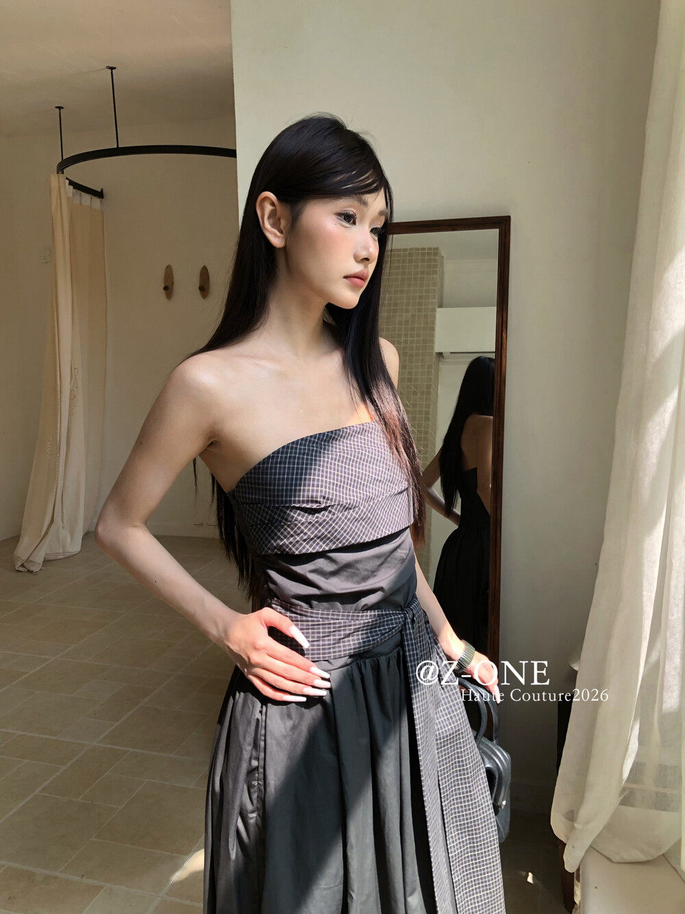 Z-one韩系格纹抹胸背心高腰花苞半身裙抹胸绑带连衣裙礼服裙轻奢