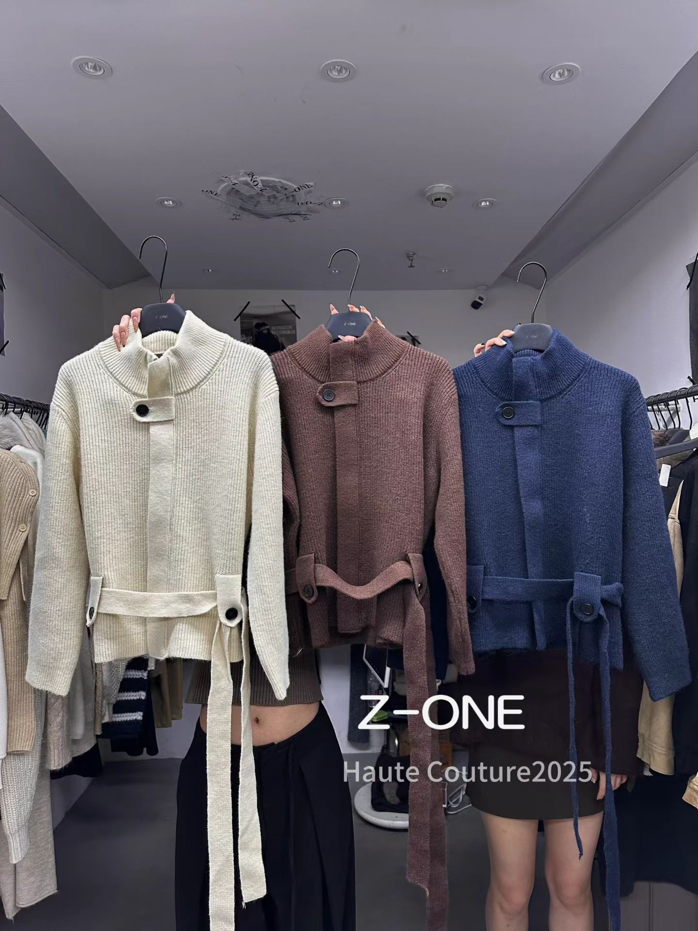 Z-one欧货系带收腰显瘦针织开衫女韩系立领粗针秋冬毛衣外套厚款