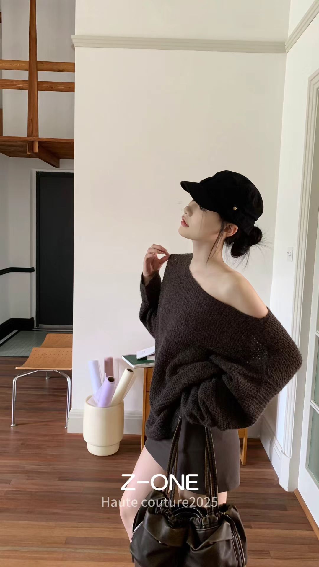 Z-ONE2025秋季新款时尚百搭宽松显瘦长袖女针织衫毛衣女斜肩毛衣