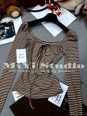 0188Match十三行春夏新韩版纯欲辣妹咖色条纹露背圆领长袖T恤瑶妹