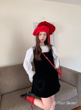 Fourseven秋冬新款韩版宽松显瘦百搭爱心口袋蕾丝设计感连衣裙女