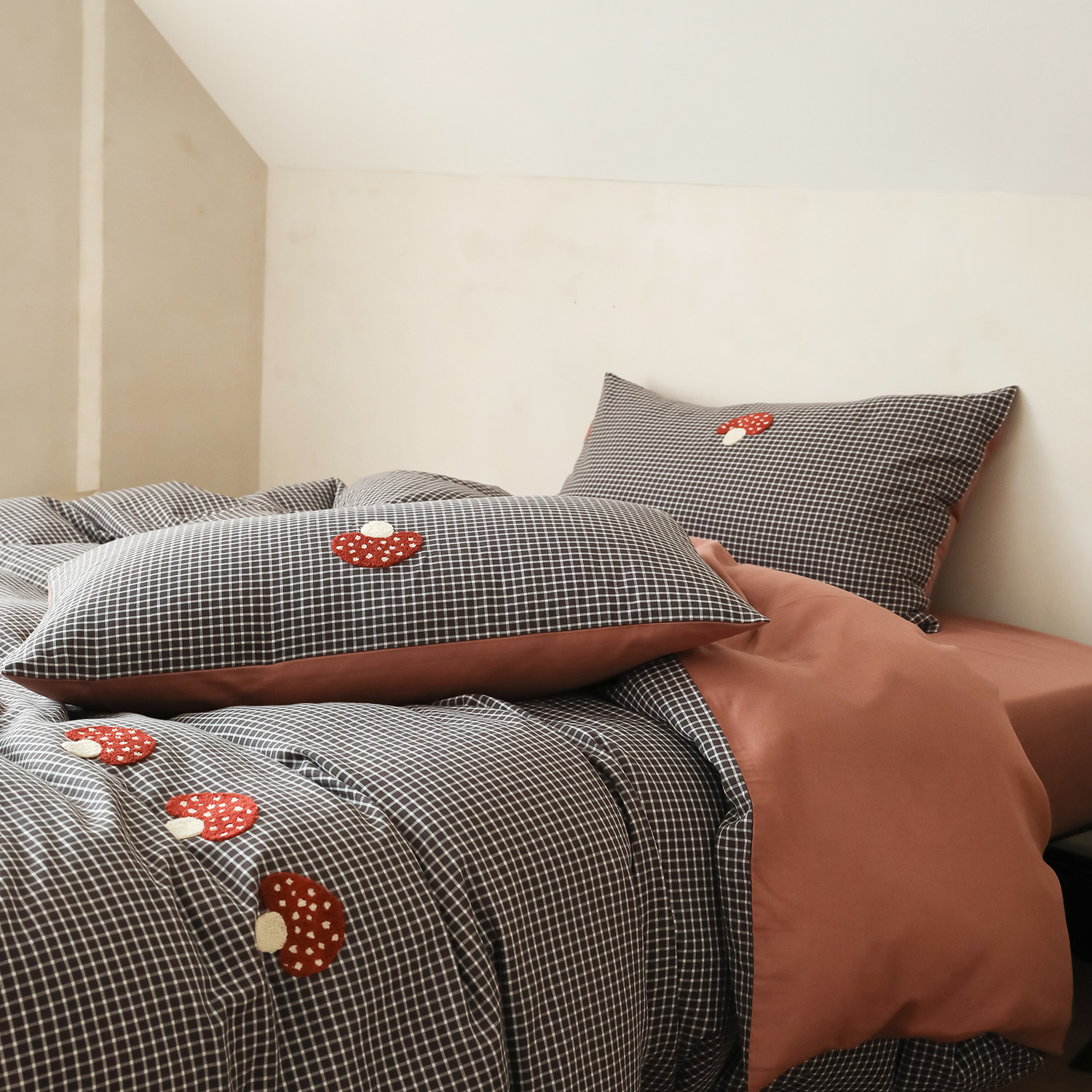 复古格纹全棉色织双层纱四件套纯棉100小蘑菇毛巾绣被套1.8米床品