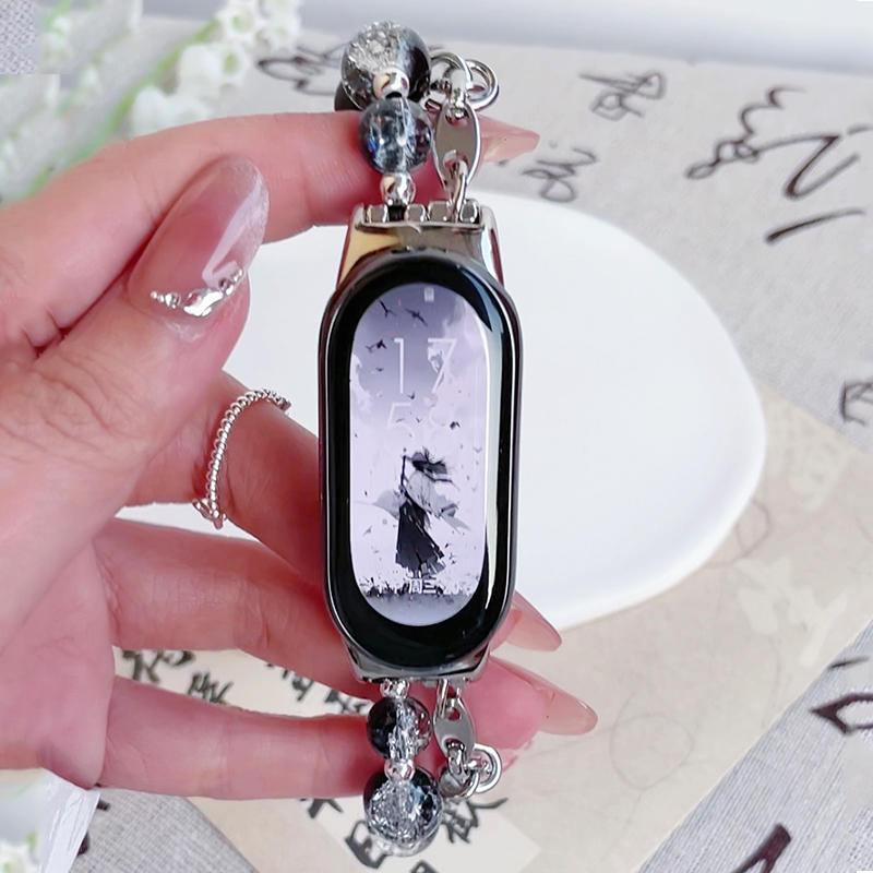 新品爆裂黑晶diy手链适用小米手环腕带9/8/7/6/5/4手表3表带nfc三