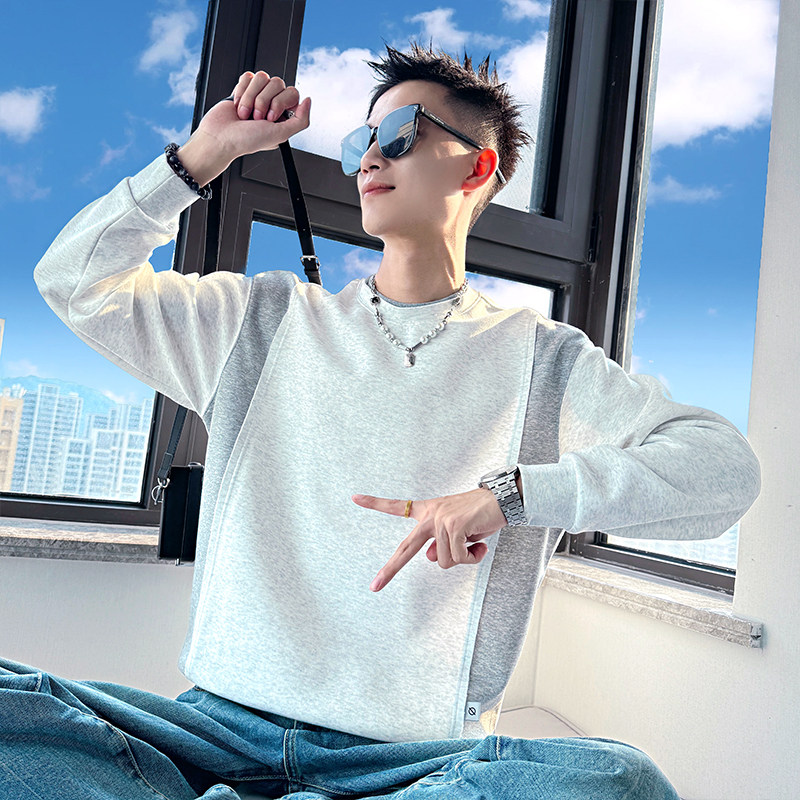 B162/P68控98假两件领拼接撞色圆领卫衣长袖男1,男装卫衣,电商A256
