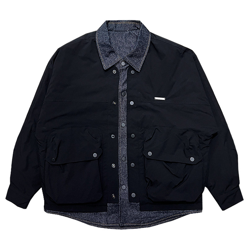 A165/特P145控195冬夹棉日系小伙假两件翻领牛仔拼接棉服外套男,男装棉衣,电商A256