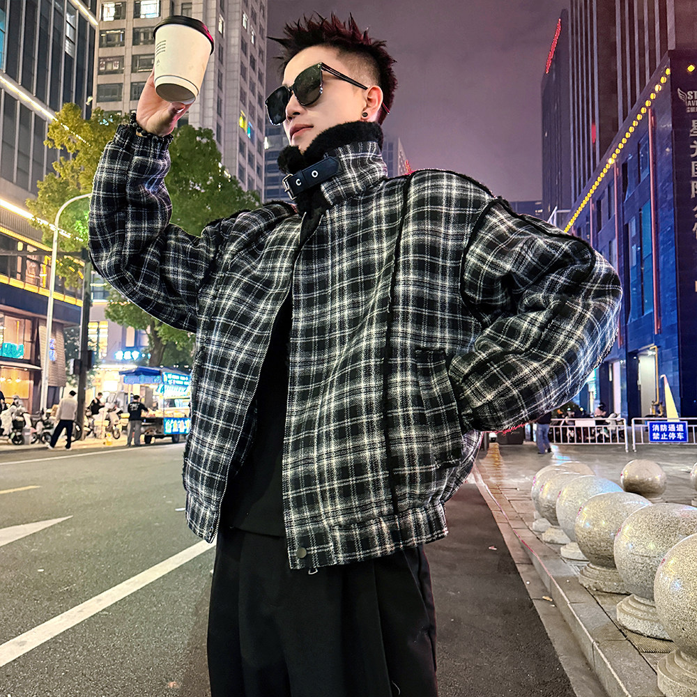 A201/P178控238 格子皮毛一体毛领棉衣外套上衣男1图片