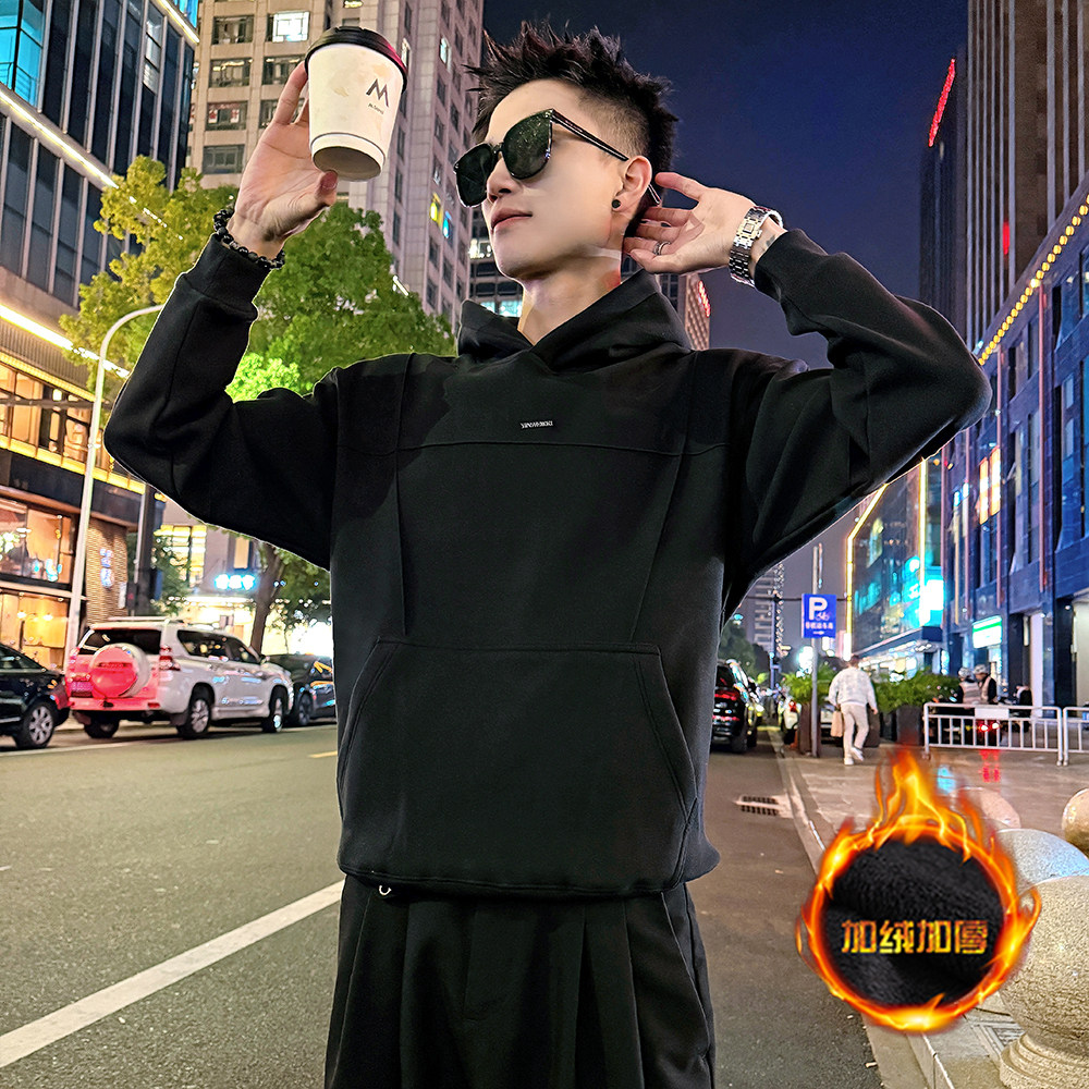 B171加绒/P88控118 连帽压皱袋鼠兜加绒卫衣男2图片
