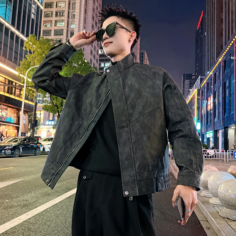 J186加绒/特P158控208插肩袖压条结构加绒暗花皮衣外套男4,男装皮衣,电商A256