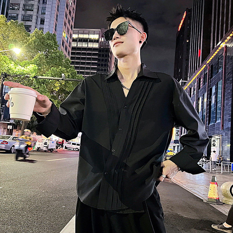 S556/P68控98痞帅小伙韩版高级感深V打褶个性衬衫外套男黑夜景,男装衬衫,电商A256