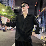 S556/P68控98痞帅小伙韩版高级感深V打褶个性衬衫外套男黑夜景，男装衬衫，电商A256