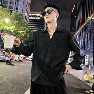 S556/P68控98痞帅小伙韩版高级感深V打褶个性衬衫外套男黑夜景图片