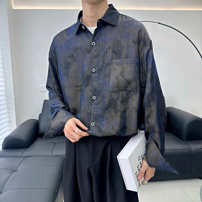 S557/特P68控98痞帅小伙高级感炫彩反光打褶个性衬衫男黑无头,男装衬衫,电商A256