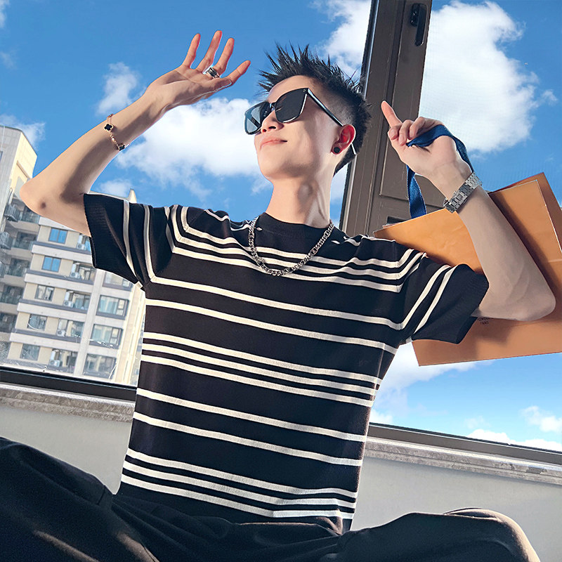 T139-特P58控78夏英伦圆领打底条纹短袖毛衣针织衫T恤男,男装针织衫/毛衣,电商A256