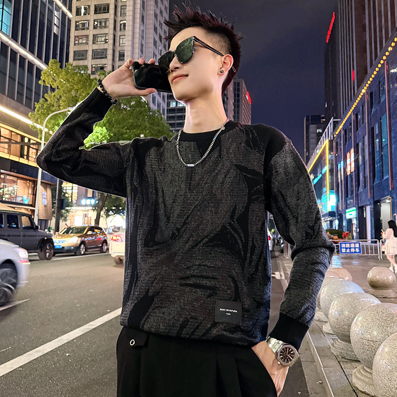 MC216/P78控108提花树纹撞色个性毛衣针织打底衫男2,男装T恤,电商A256