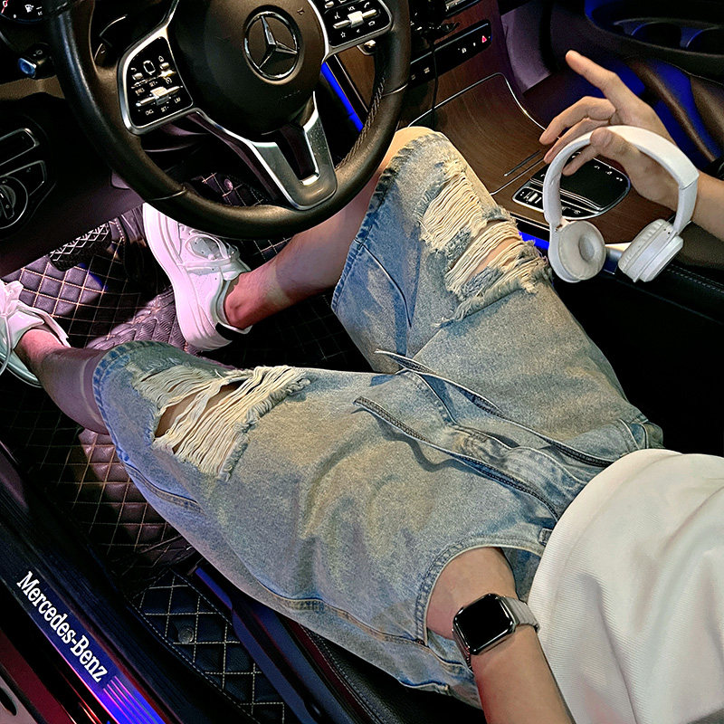 DK27-P68控98高级感休闲浅蓝牛仔短裤小伙个性炒洗破洞裤子男1,男装牛仔裤,电商A256