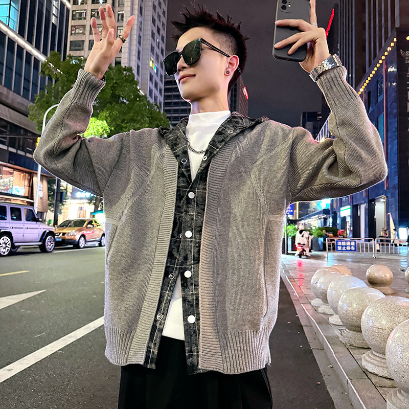 MC200/P110控150毛衣假两件格子带帽开衫针织外套男4,男装针织衫/毛衣,电商A256