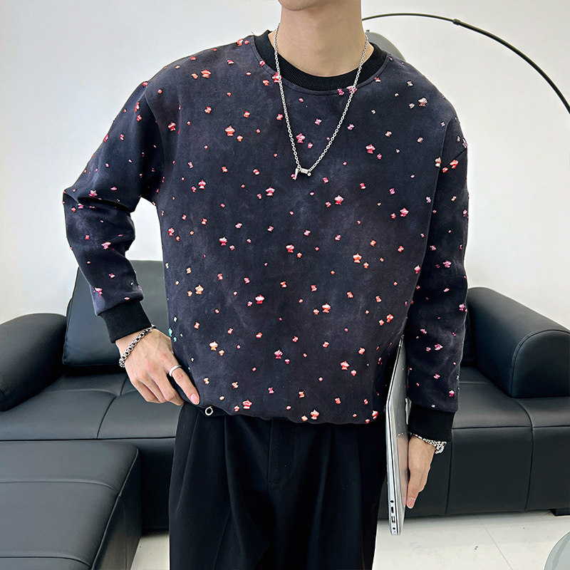 B131/特P68控98帅气小伙复古水洗破洞卫衣春夏套头长袖男黑无头,男装卫衣,电商A256