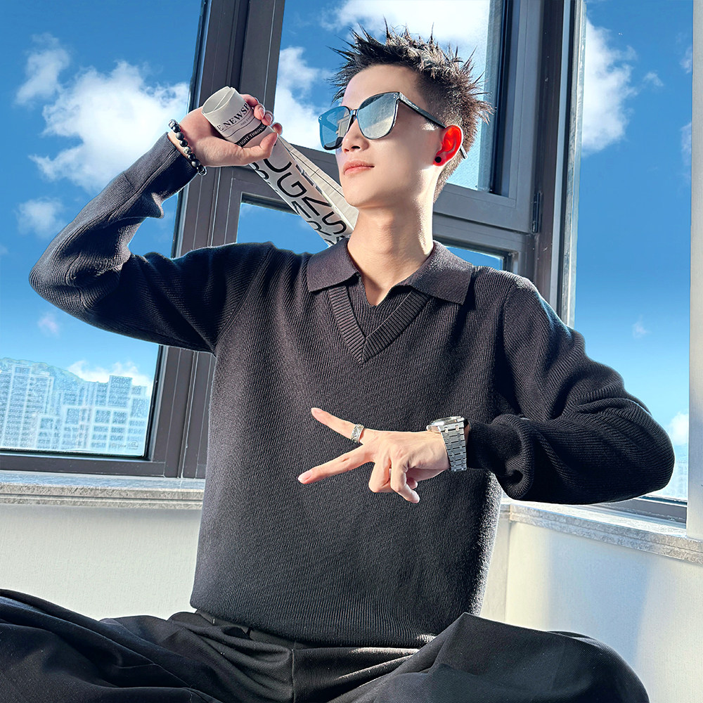 MC210/特P98控138高品纯色翻领假两件双领毛衣帅气针织打底衫男1图片