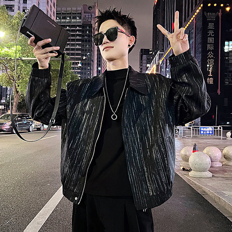 J106/P108控148韩版痞帅小伙个性撒银竖条纹夹克帅气外套男黑2,男装夹克,电商A256