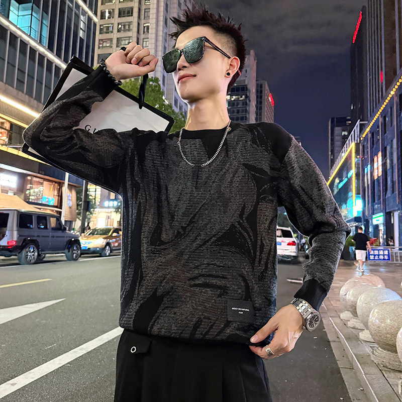 MC216/P78控108 提花树纹撞色个性毛衣针织打底衫男1图片