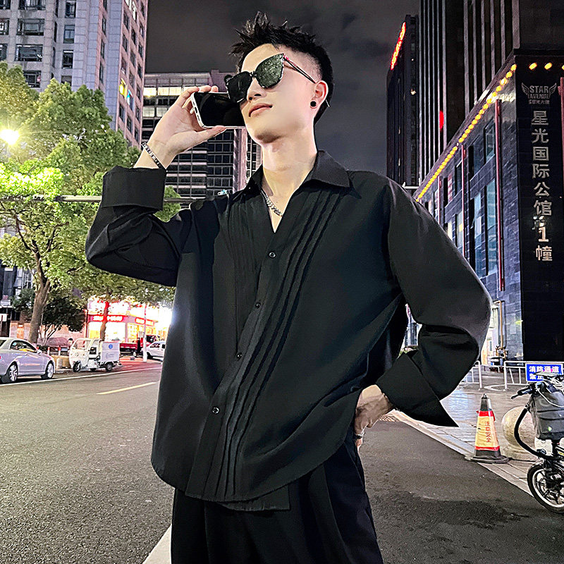S556/P68控98痞帅小伙韩版高级感深V打褶个性衬衫外套男黑夜景,男装衬衫,电商A256