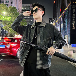 J109/P155控205痞帅小伙假两件格子拼接牛仔夹克外套男图片