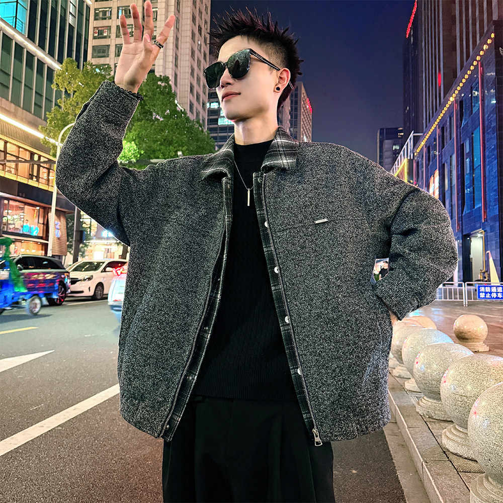 J183/特P158控208格子假两件花线呢料痞帅小伙外套男2,女装短外套,电商A256