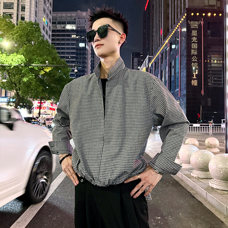 S607/P68控98痞帅小伙假两件夹克松紧前短后长格子衬衫男1,男装夹克,电商A256