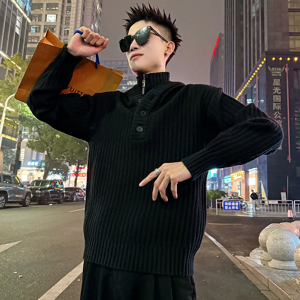 MC221/P98控138假两件连帽扣子拉链立领龙叨叨同款毛衣2，男装针织衫/毛衣，电商A256