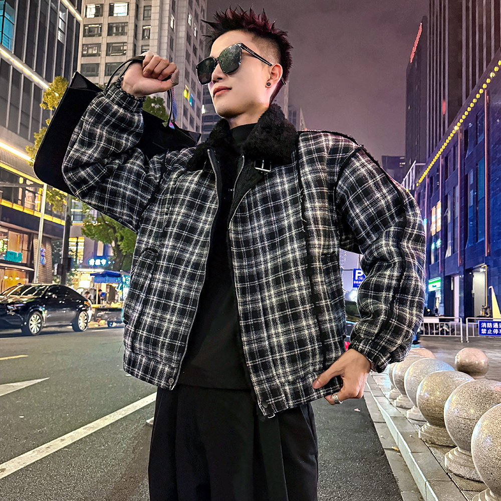 A201/P178控238格子皮毛一体毛领棉衣外套上衣男2，男装棉衣，电商A256