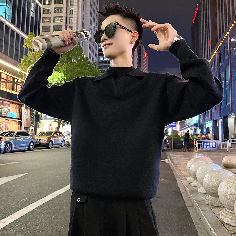MC206/P88控118假两件双领毛衣帅气简约纯色百搭针织打底衫男3,男装T恤,电商A256