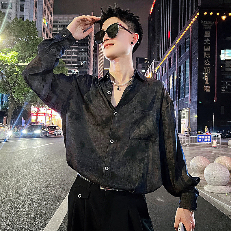 S557/特P68控98 痞帅小伙高级感炫彩反光打褶个性衬衫夹克男黑图片