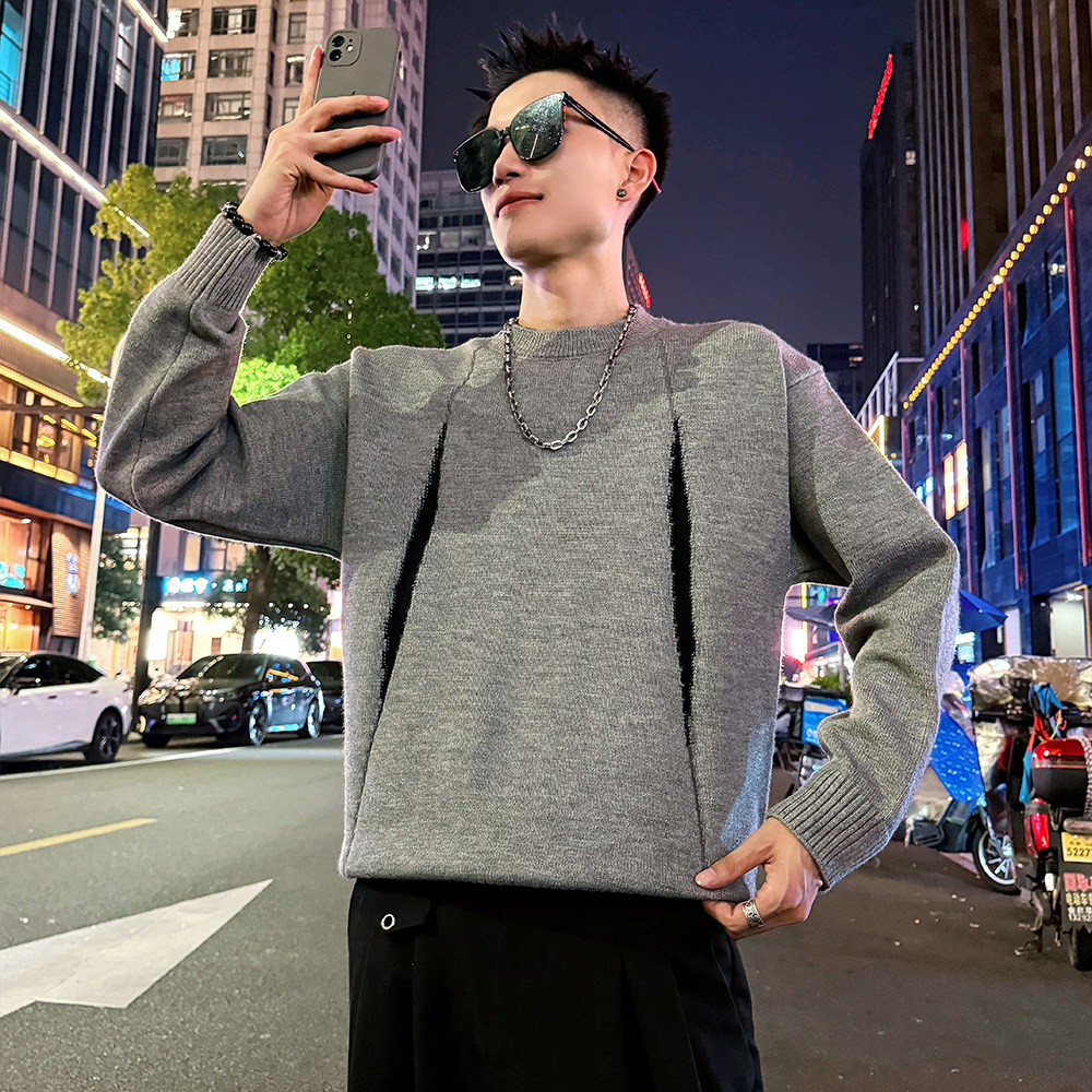 MC208/P88控118撞色假两件双领毛衣帅气小伙针织打底衫男1,男装T恤,电商A256
