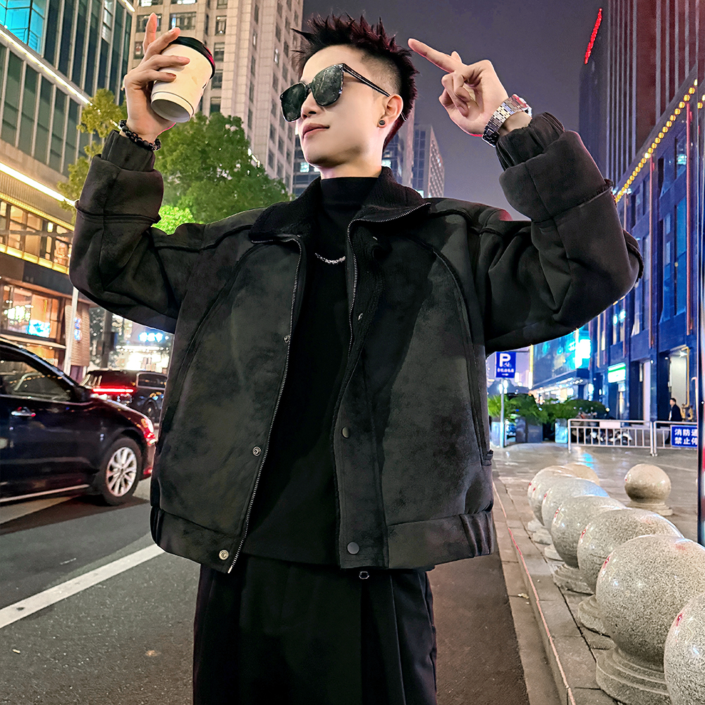 A203/P178控238网红结构款皮毛一体翻毛领外套上衣男2，女装短外套，电商A256