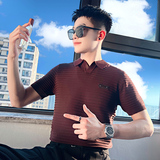 T209-P58控78翻领贴标针织短袖横条纹男白1，男装T恤，电商A256