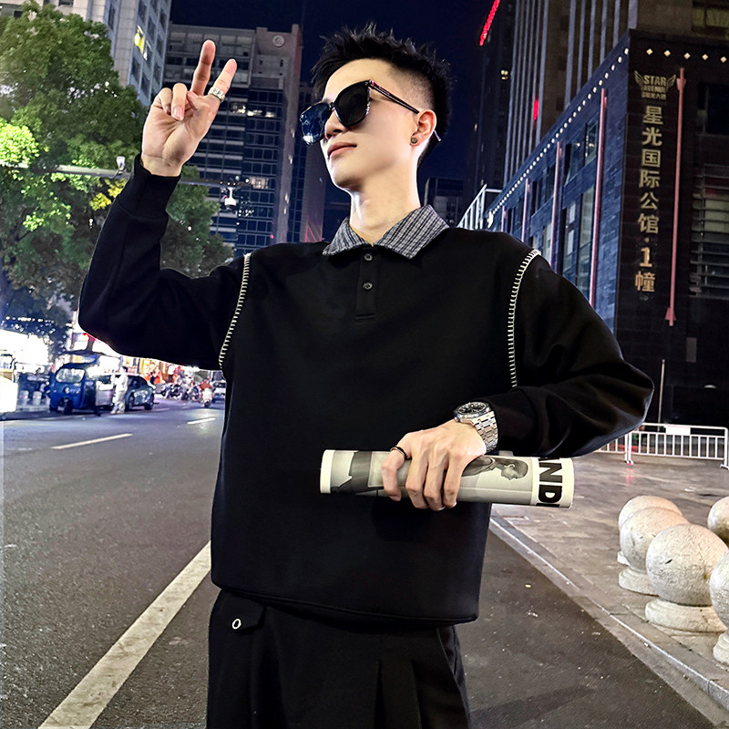 B166/特P68控98高级感格子翻领袖弯线圈卫衣长袖男4,男装卫衣,电商A256