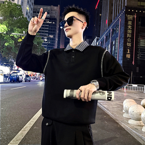 B166/特P68控98高级感格子翻领袖弯线圈卫衣长袖男4图片
