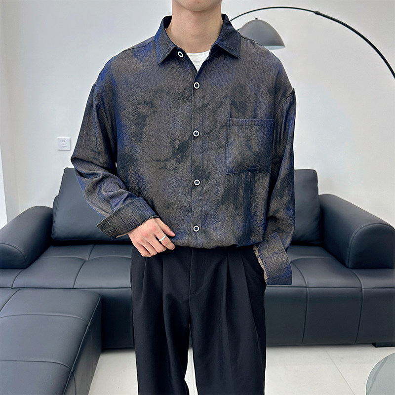 S557/特P68控98痞帅小伙高级感炫彩反光打褶个性衬衫男黑无头,男装衬衫,电商A256