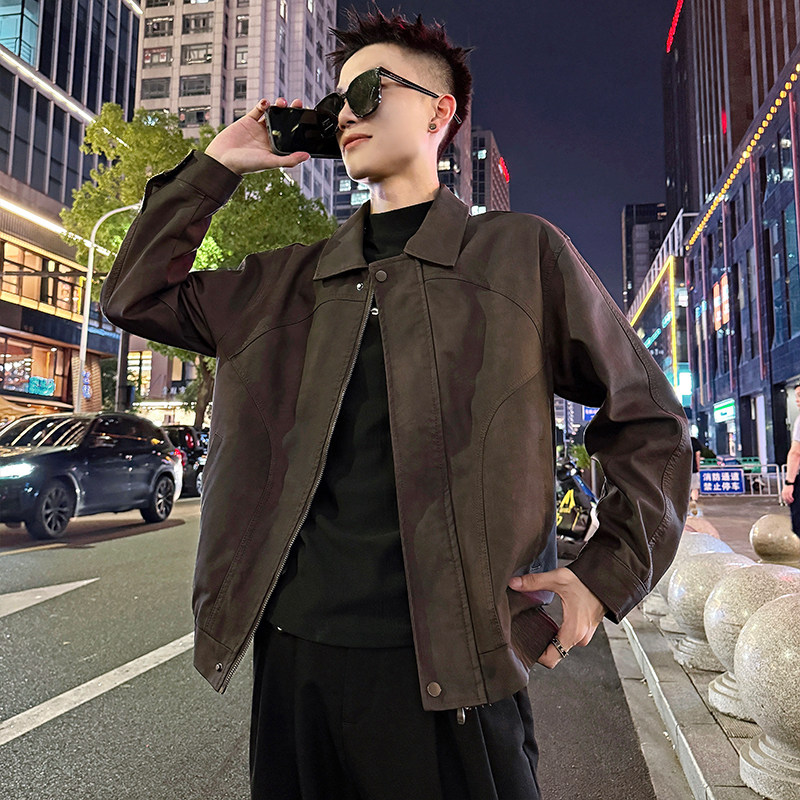 J180/P128控168 结构暗纹上衣翻领皮夹克痞帅小伙外套男3图片