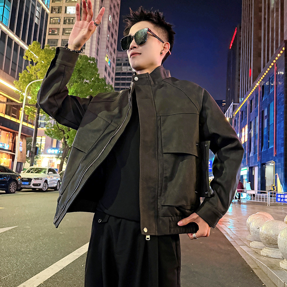J185加绒/特P158控208插肩袖斜插订扣加绒机车服皮衣外套男4,男装皮衣,电商A256